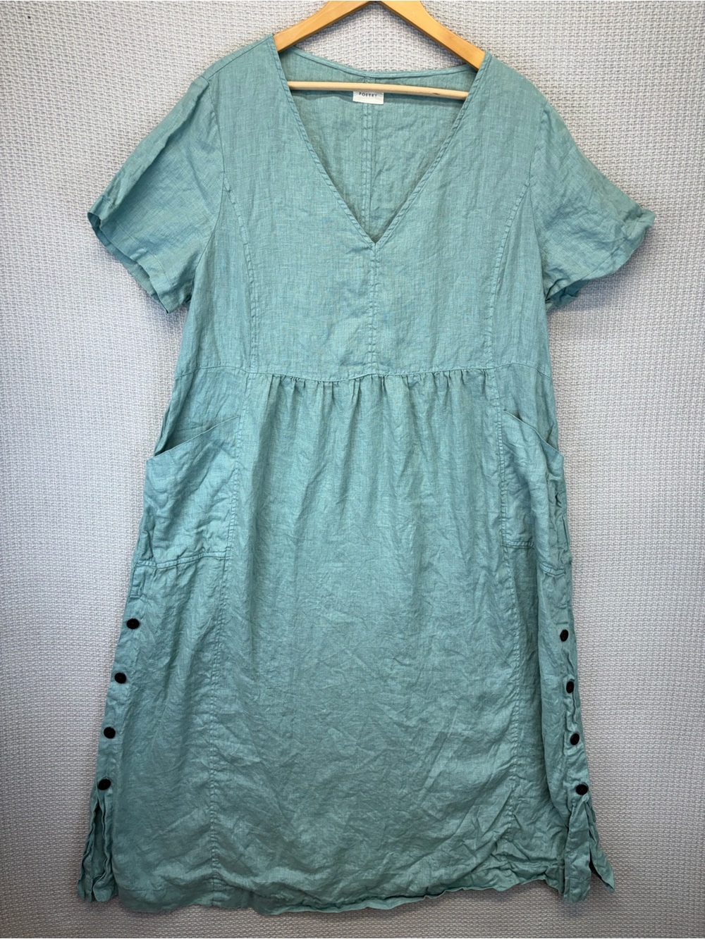 Poetry Women Short Sleeve Maxi Blue 100% Linen Dress Sz 18 Lagenlook Side Button
